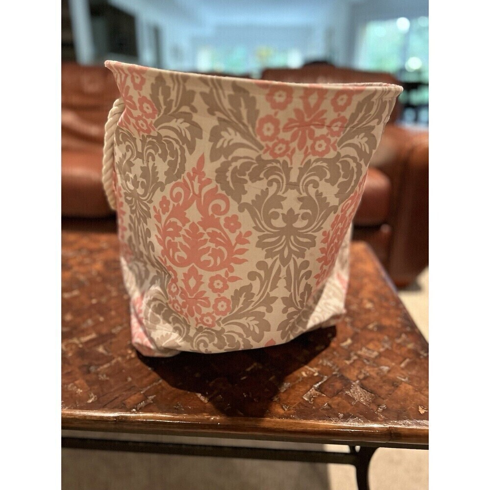 TM Designs Pink/Gray Damask Canvas Storage with Rope Handles Organization Bin
